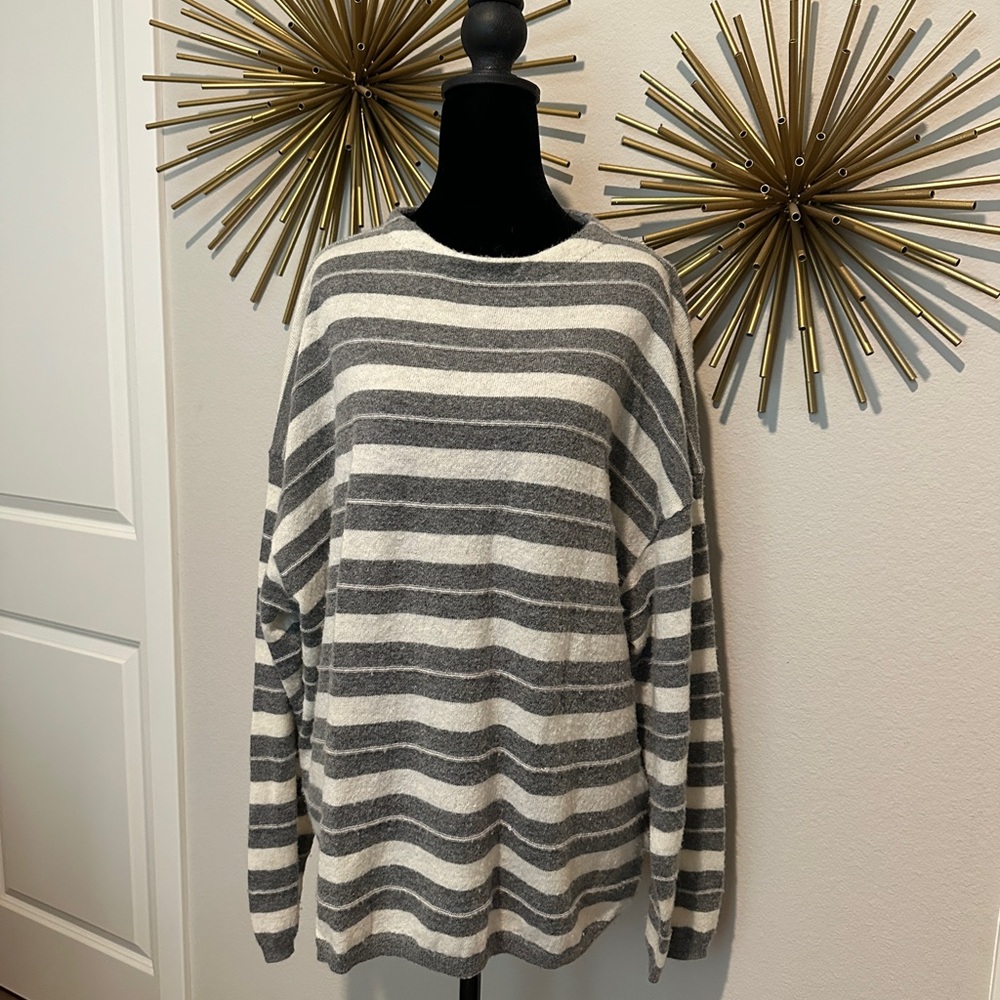All Saints Gray and Cream Striped Crewneck Sweater